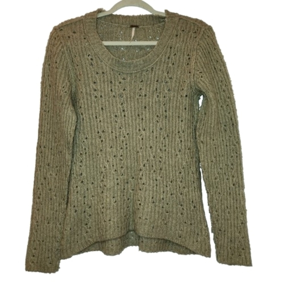 Free People Lt Brown Open Knit Soft Wool Blend Sweater Size L Long Sleeve Soft - Picture 2 of 11